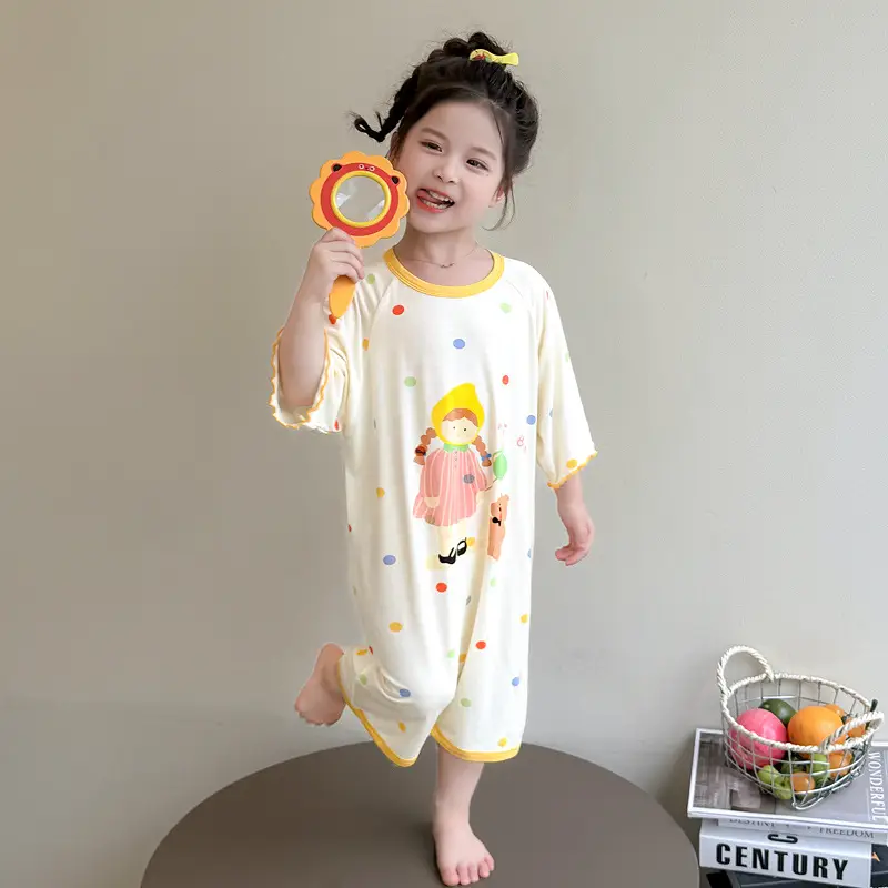 Girls' Modal Pajamas, Summer Thin Style, Short-Sleeved Sleep Dress for Baby Girls, One-Piece Home Wear, Cute New Sleep Dress