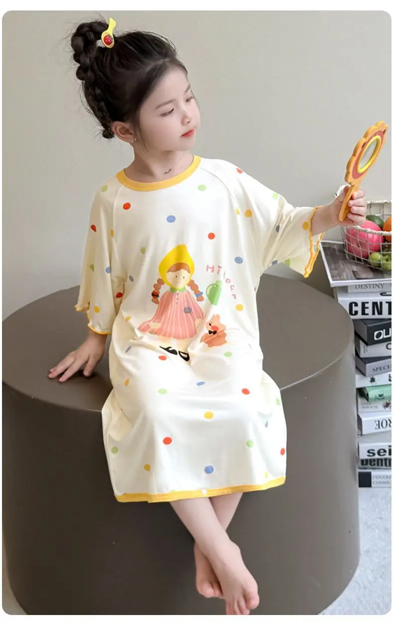Girls' Modal Pajamas, Summer Thin Style, Short-Sleeved Sleep Dress for Baby Girls, One-Piece Home Wear, Cute New Sleep Dress — feature 22