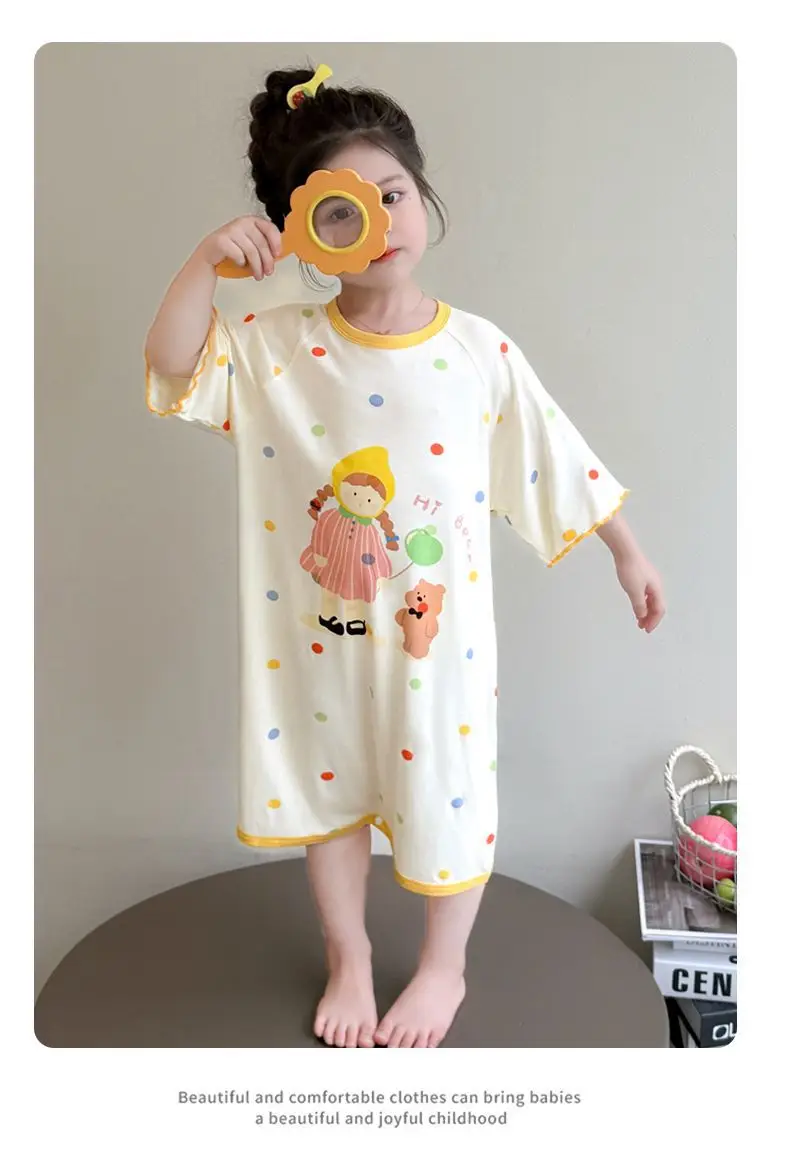 Girls' Modal Pajamas, Summer Thin Style, Short-Sleeved Sleep Dress for Baby Girls, One-Piece Home Wear, Cute New Sleep Dress — feature 23