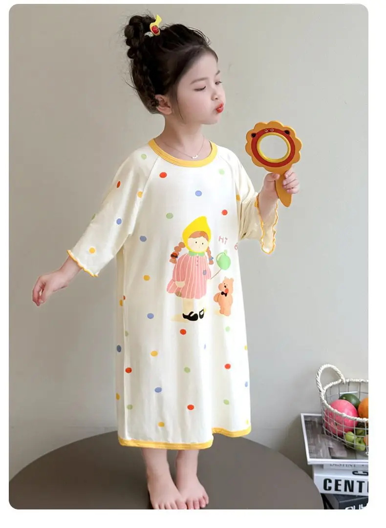 Girls' Modal Pajamas, Summer Thin Style, Short-Sleeved Sleep Dress for Baby Girls, One-Piece Home Wear, Cute New Sleep Dress — feature 24