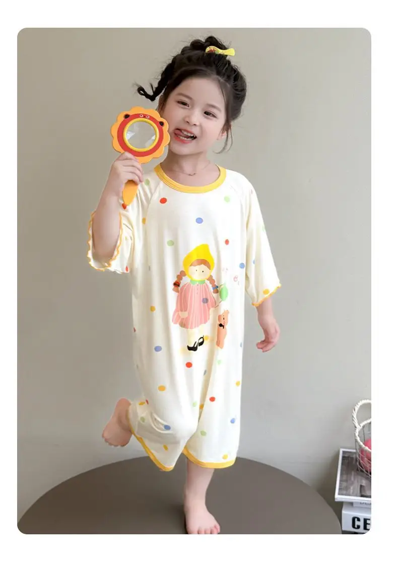 Girls' Modal Pajamas, Summer Thin Style, Short-Sleeved Sleep Dress for Baby Girls, One-Piece Home Wear, Cute New Sleep Dress — feature 26