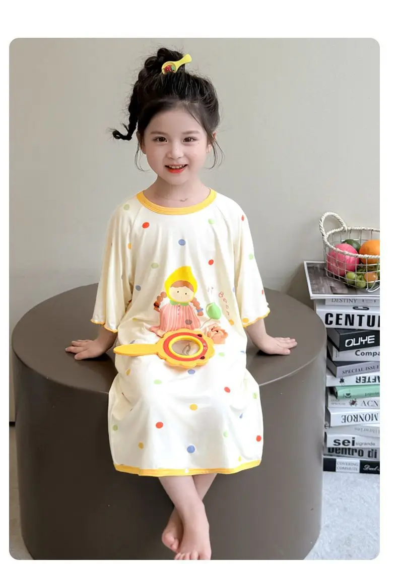 Girls' Modal Pajamas, Summer Thin Style, Short-Sleeved Sleep Dress for Baby Girls, One-Piece Home Wear, Cute New Sleep Dress — feature 27