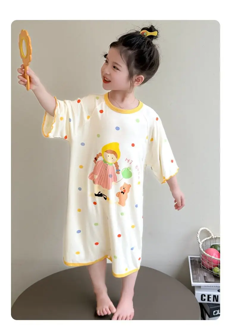 Girls' Modal Pajamas, Summer Thin Style, Short-Sleeved Sleep Dress for Baby Girls, One-Piece Home Wear, Cute New Sleep Dress — feature 28
