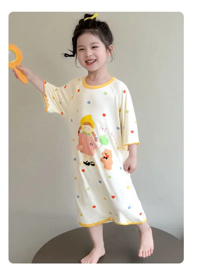 Girls' Modal Pajamas, Summer Thin Style, Short-Sleeved Sleep Dress for Baby Girls, One-Piece Home Wear, Cute New Sleep Dress — feature 29