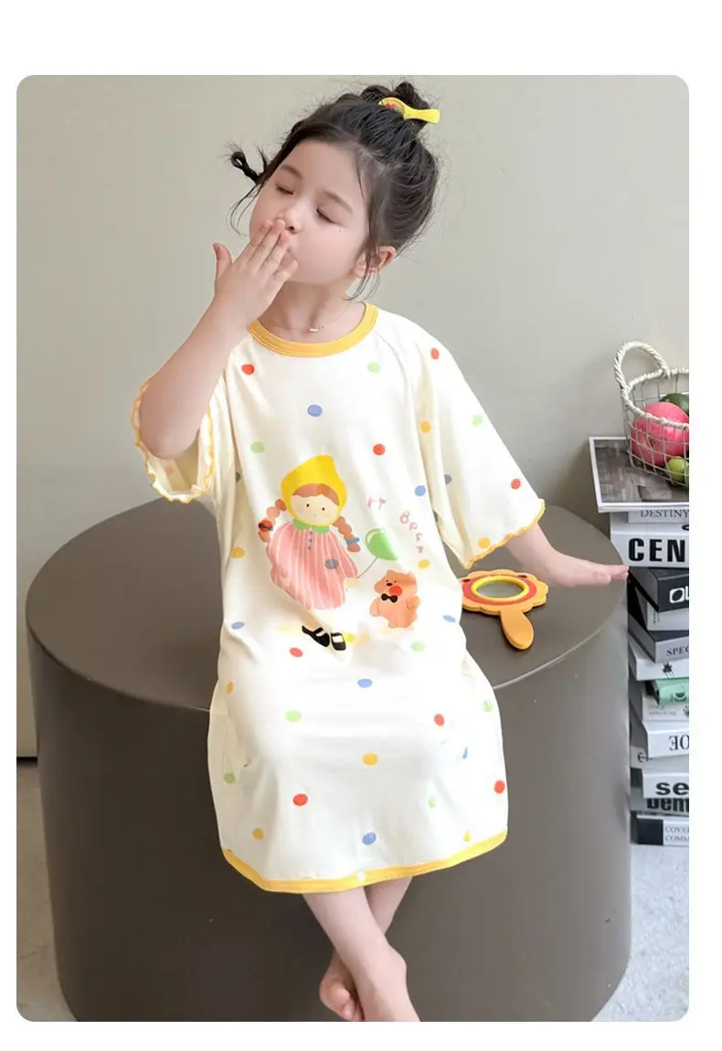 Girls' Modal Pajamas, Summer Thin Style, Short-Sleeved Sleep Dress for Baby Girls, One-Piece Home Wear, Cute New Sleep Dress — feature 30