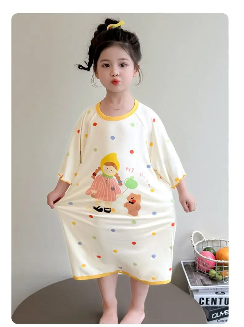 Girls' Modal Pajamas, Summer Thin Style, Short-Sleeved Sleep Dress for Baby Girls, One-Piece Home Wear, Cute New Sleep Dress — feature 31