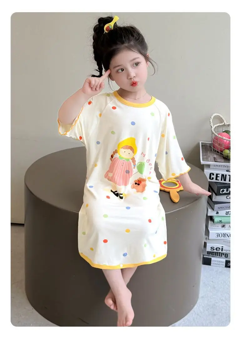 Girls' Modal Pajamas, Summer Thin Style, Short-Sleeved Sleep Dress for Baby Girls, One-Piece Home Wear, Cute New Sleep Dress — feature 32