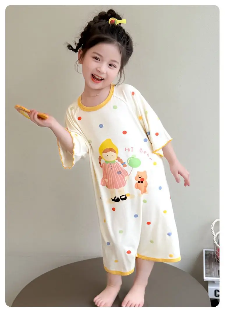 Girls' Modal Pajamas, Summer Thin Style, Short-Sleeved Sleep Dress for Baby Girls, One-Piece Home Wear, Cute New Sleep Dress — feature 33