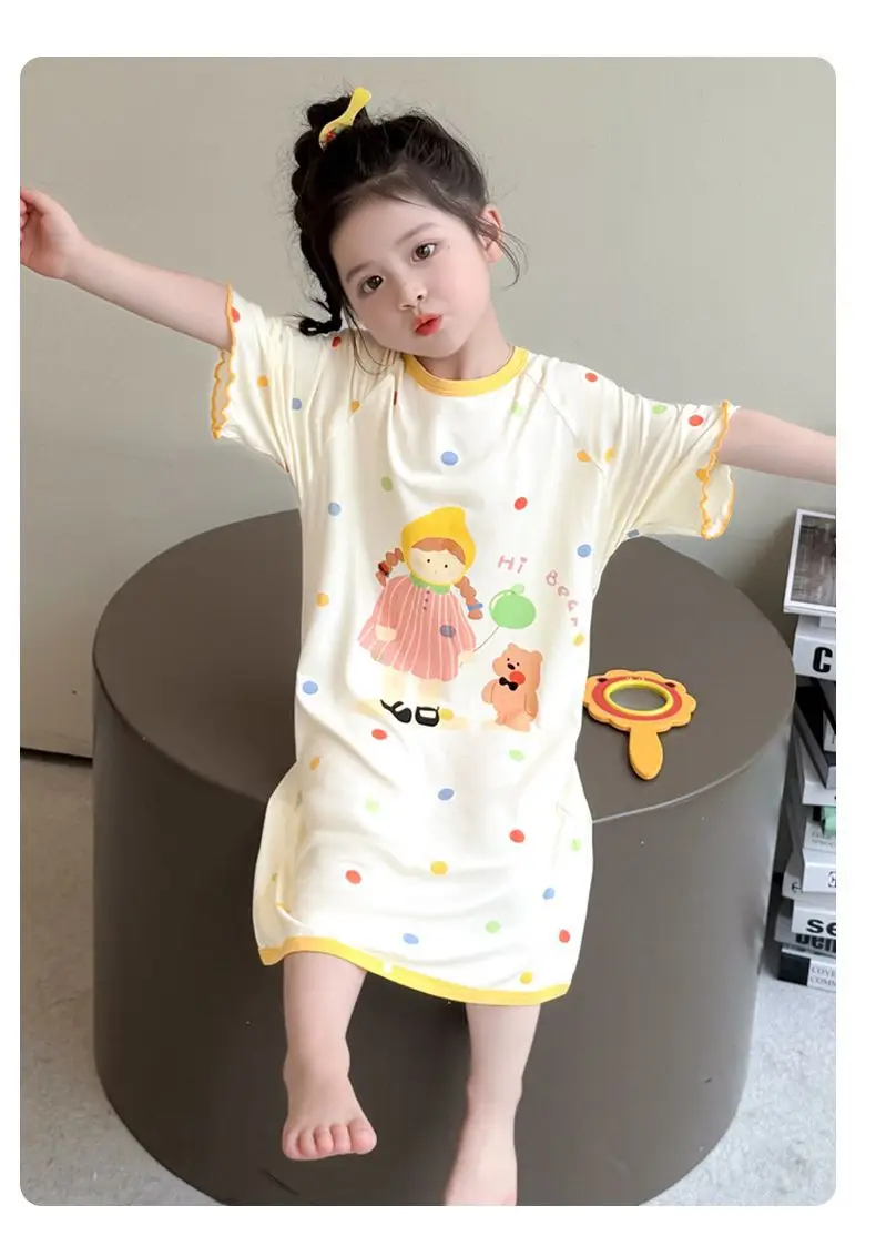Girls' Modal Pajamas, Summer Thin Style, Short-Sleeved Sleep Dress for Baby Girls, One-Piece Home Wear, Cute New Sleep Dress — feature 34