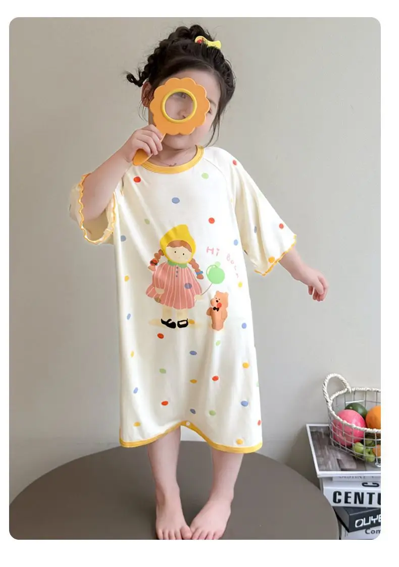 Girls' Modal Pajamas, Summer Thin Style, Short-Sleeved Sleep Dress for Baby Girls, One-Piece Home Wear, Cute New Sleep Dress — feature 35
