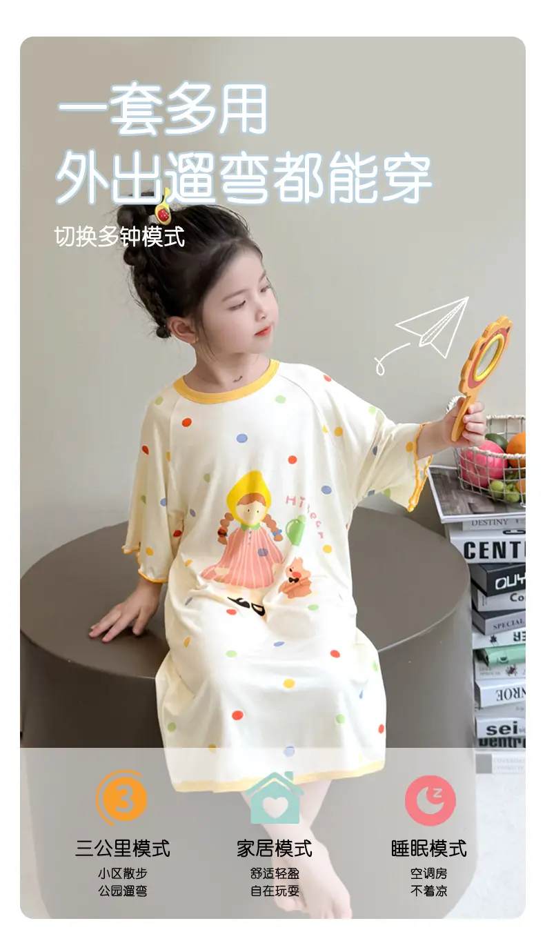 Girls' Modal Pajamas, Summer Thin Style, Short-Sleeved Sleep Dress for Baby Girls, One-Piece Home Wear, Cute New Sleep Dress — feature 8