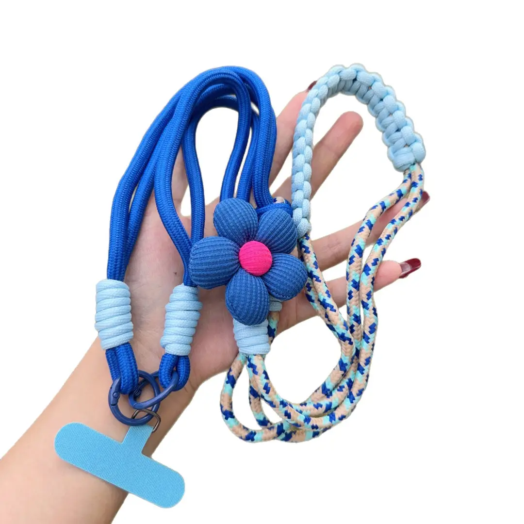 Mobile Phone Lanyard for Women, Long Crossbody Strap, Neck and Wrist Strap, Fresh Floral Color-Blocking Woven Design, Suitable for Outdoor Travel and Hiking