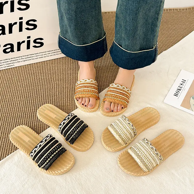 Summer New Style Imitation Straw Flat Sandals, Bohemian Style Lightweight Beach Sandals, Ready-Made Women's Slippers