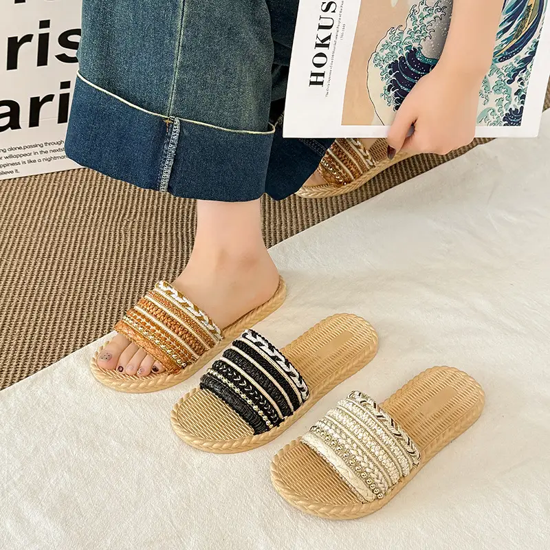 Summer New Style Imitation Straw Flat Sandals, Bohemian Style Lightweight Beach Sandals, Ready-Made Women's Slippers