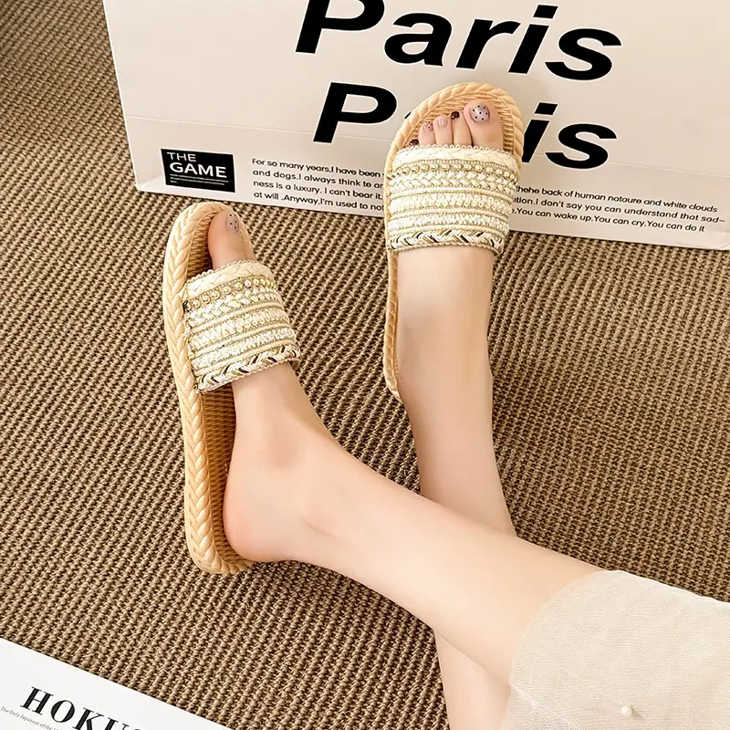 Summer New Style Imitation Straw Flat Sandals, Bohemian Style Lightweight Beach Sandals, Ready-Made Women's Slippers