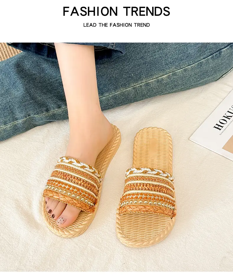 Summer New Style Imitation Straw Flat Sandals, Bohemian Style Lightweight Beach Sandals, Ready-Made Women's Slippers — feature 11