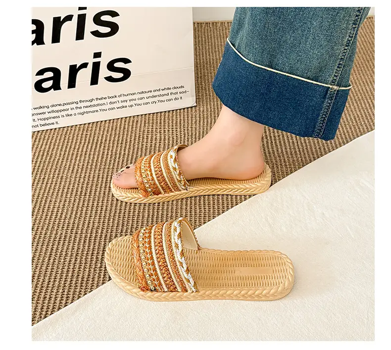 Summer New Style Imitation Straw Flat Sandals, Bohemian Style Lightweight Beach Sandals, Ready-Made Women's Slippers — feature 12