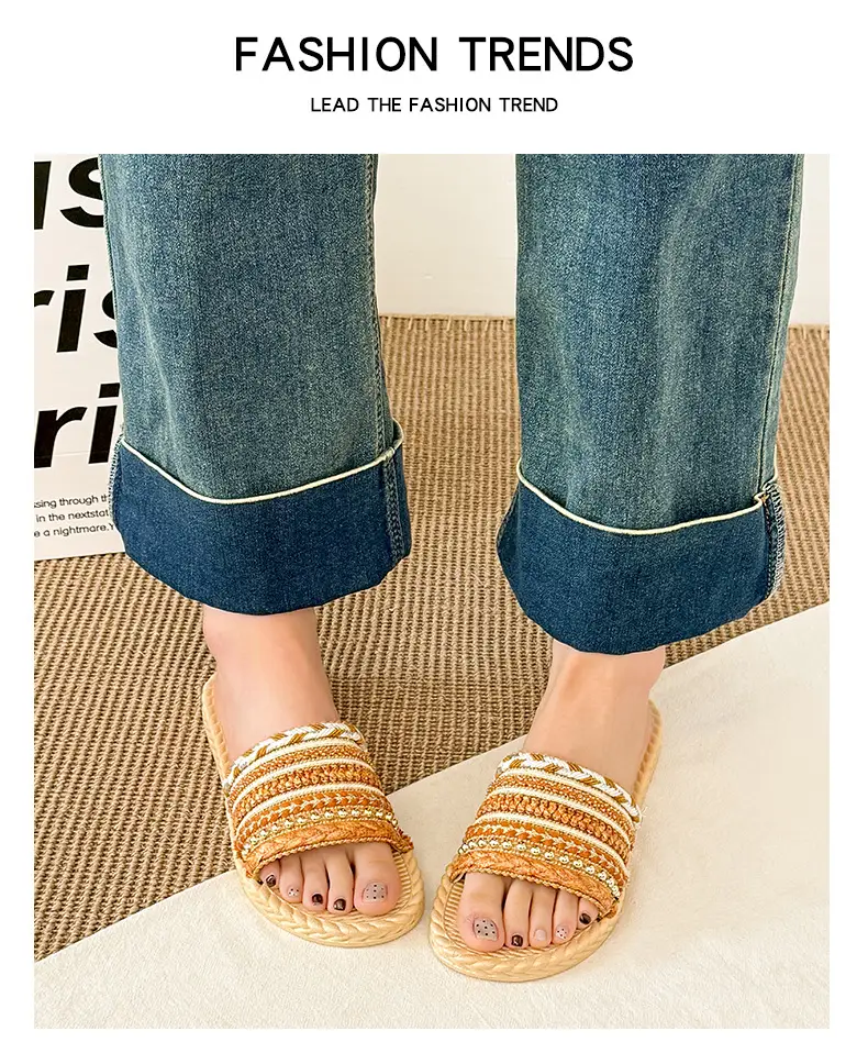 Summer New Style Imitation Straw Flat Sandals, Bohemian Style Lightweight Beach Sandals, Ready-Made Women's Slippers — feature 13