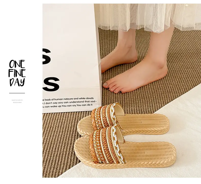 Summer New Style Imitation Straw Flat Sandals, Bohemian Style Lightweight Beach Sandals, Ready-Made Women's Slippers — feature 14