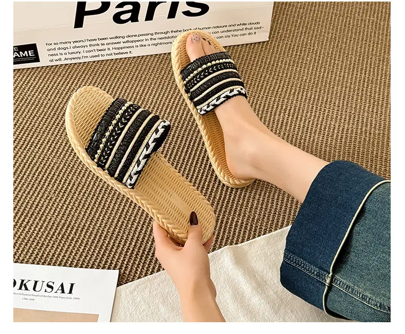 Summer New Style Imitation Straw Flat Sandals, Bohemian Style Lightweight Beach Sandals, Ready-Made Women's Slippers — feature 17