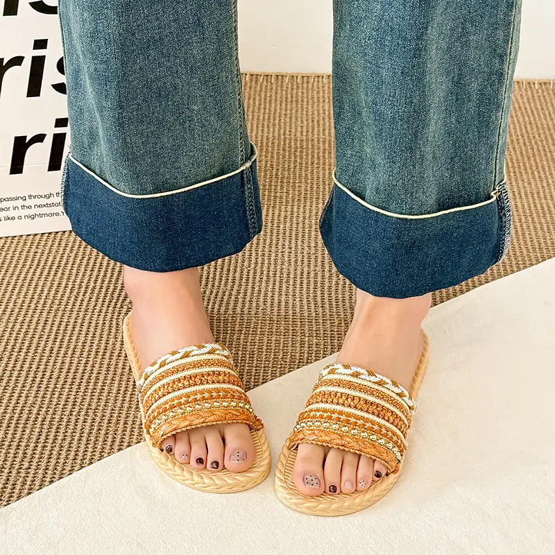 Summer New Style Imitation Straw Flat Sandals, Bohemian Style Lightweight Beach Sandals, Ready-Made Women's Slippers