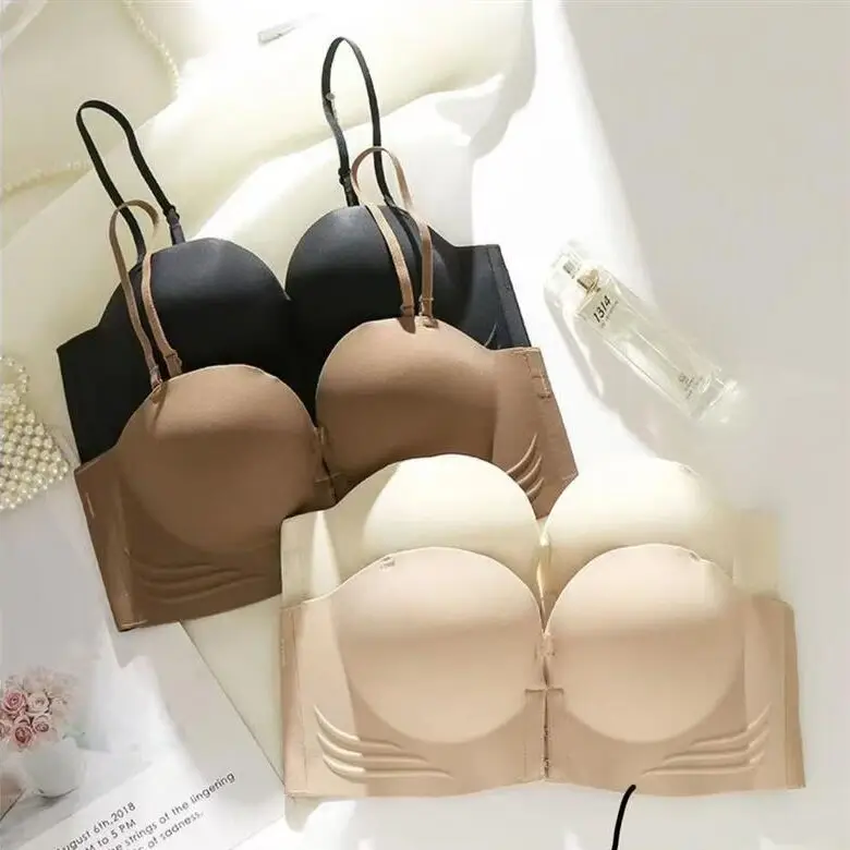 Front-Button Push-Up Bra, Seamless, Strapless, Non-Slip, Lifts Small Breasts to Make Them Look Bigger, No Underwire, Comfortable and Breathable Women's Underwear