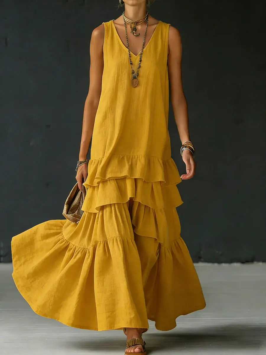2026 Spring New Collection Amazon Independent Site Cross-Border Solid Color Women's Loose Large Hem Sleeveless Dress