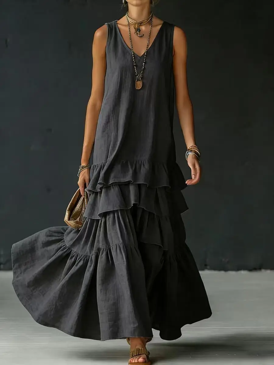 2026 Spring New Collection Amazon Independent Site Cross-Border Solid Color Women's Loose Large Hem Sleeveless Dress