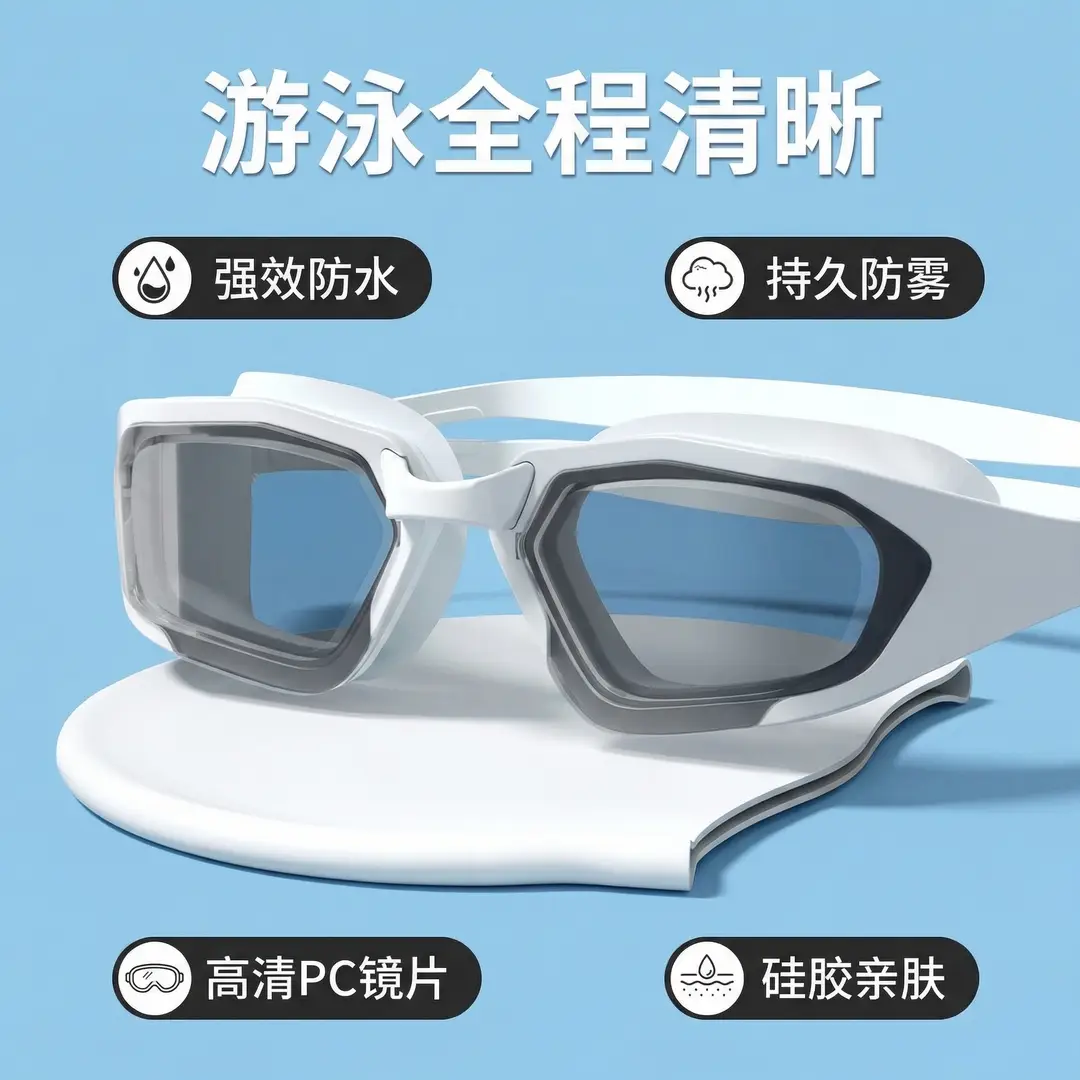 Cross-Border New Model Swimming Goggles, High-Definition Anti-Fog Silicone Swimming Goggles, Large-Frame Waterproof Swimming Competition Goggles and Swimming Cap Set — feature 6