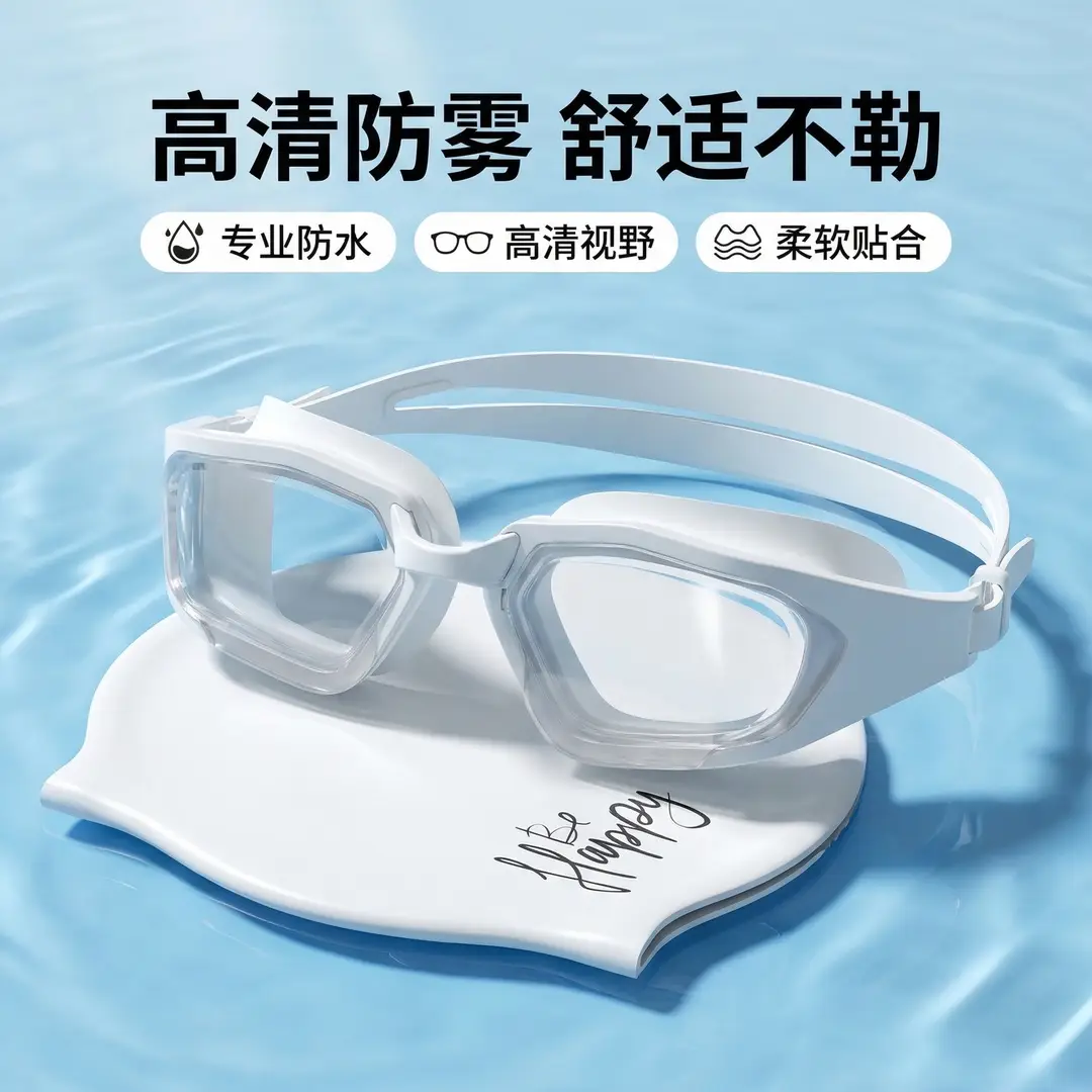 Cross-Border New Model Swimming Goggles, High-Definition Anti-Fog Silicone Swimming Goggles, Large-Frame Waterproof Swimming Competition Goggles and Swimming Cap Set