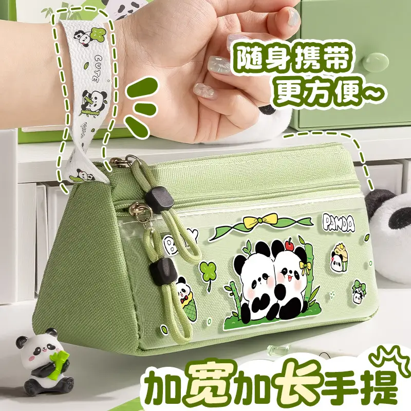Cartoon Chinese-Style Panda Cute Pencil Case, Large Capacity Triangular Pencil Box, Multifunctional Stationery Bag for Primary and Secondary School Students