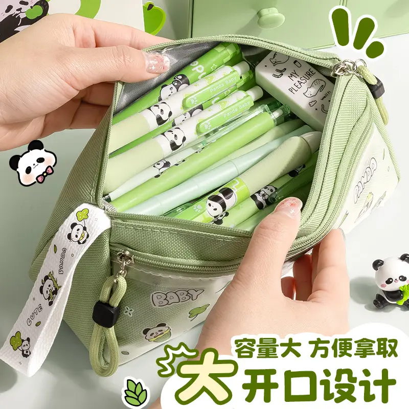 Cartoon Chinese-Style Panda Cute Pencil Case, Large Capacity Triangular Pencil Box, Multifunctional Stationery Bag for Primary and Secondary School Students