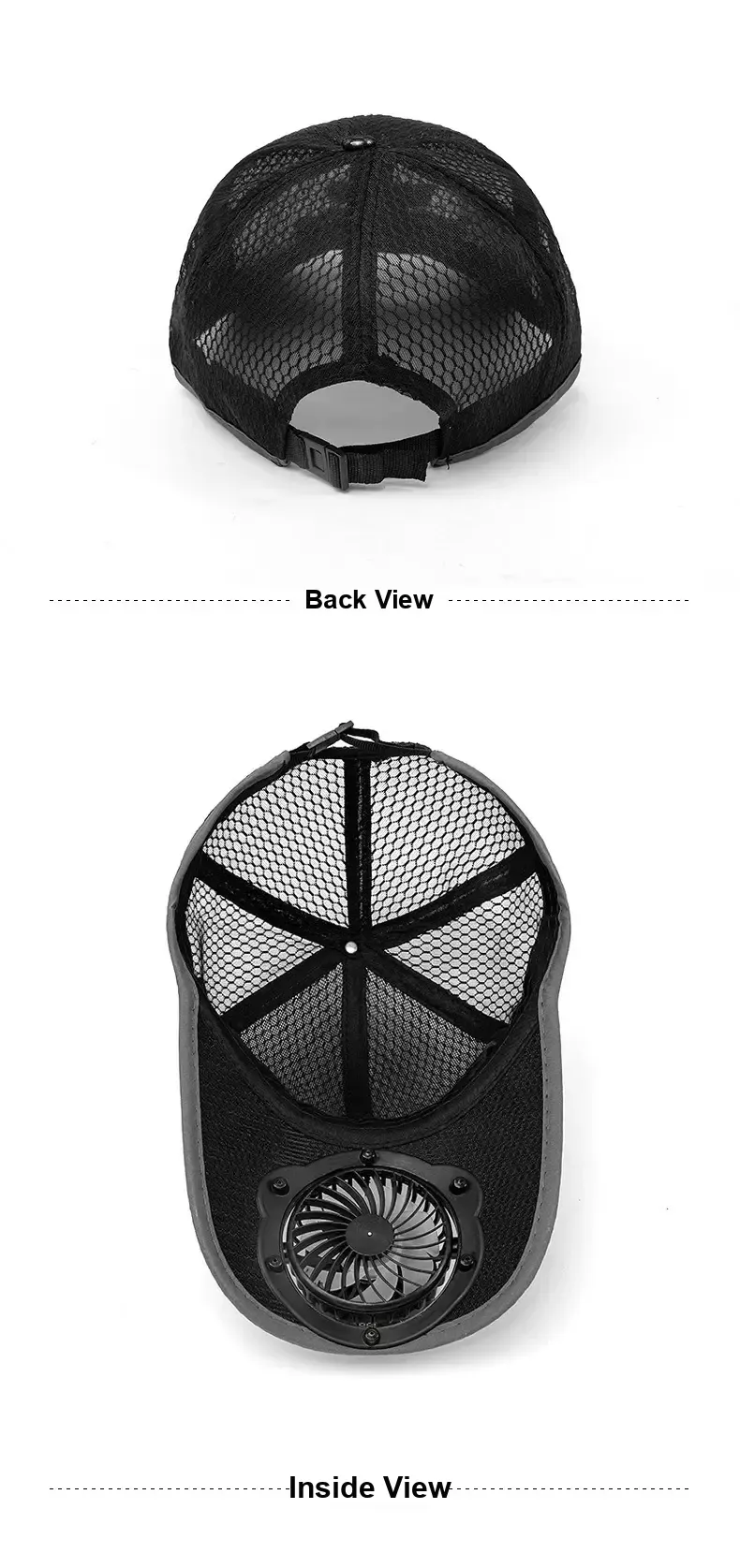 Back of black mesh cap showing an adjustable strap.