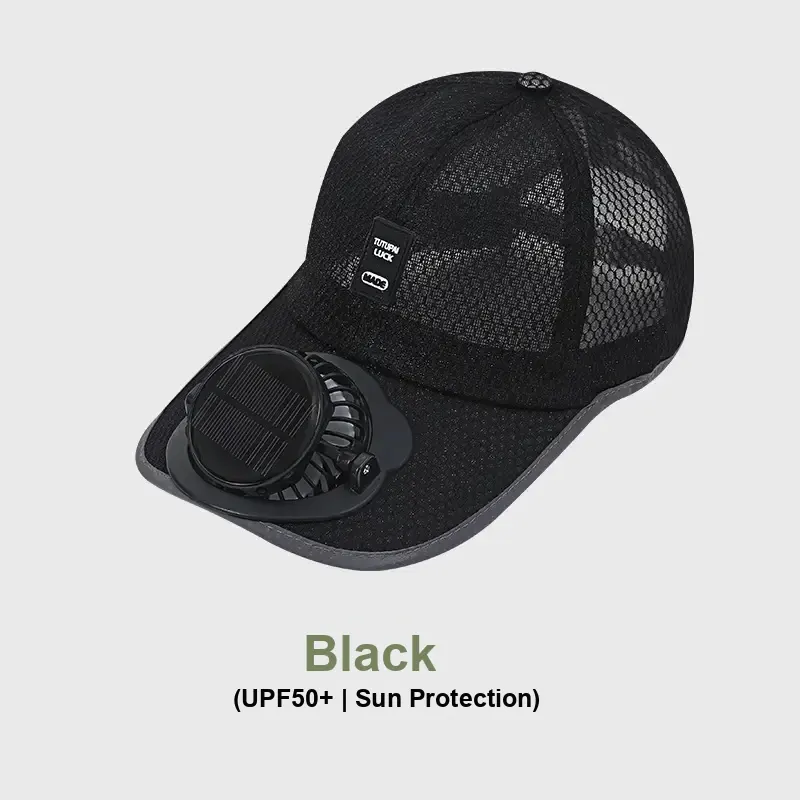 Black mesh solar fan cap labeled with UPF 50+ and sun-protection text.