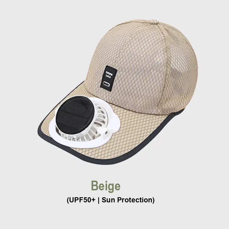 Beige mesh solar fan cap with white fan housing and UPF 50+ text.