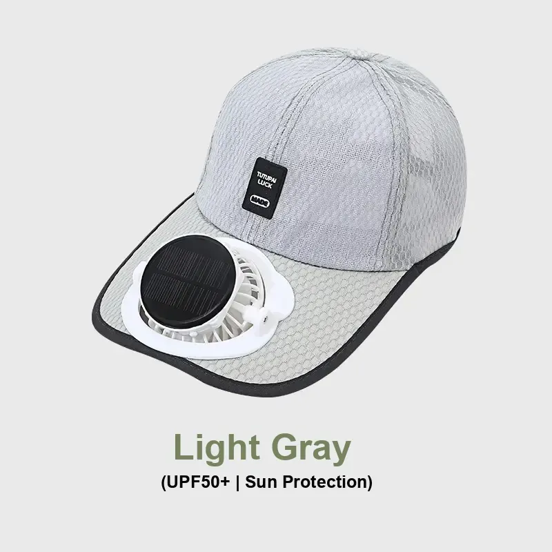 Light gray mesh solar fan cap with white fan housing and UPF 50+ text.