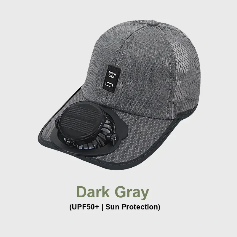 Dark gray mesh solar fan cap with black fan housing and UPF 50+ text.