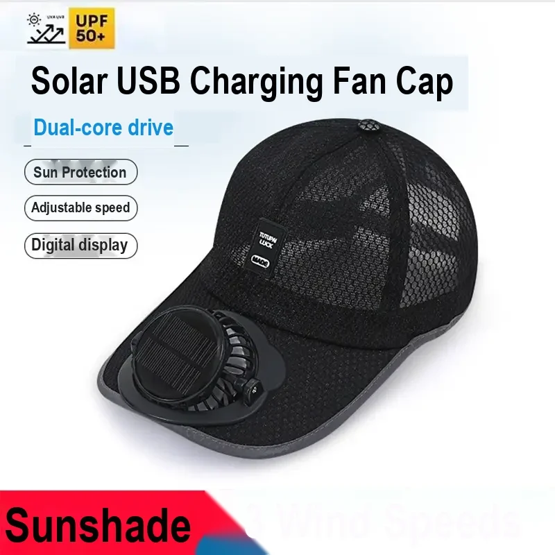 Black mesh solar USB fan cap with Chinese text indicating sun protection and three fan settings.