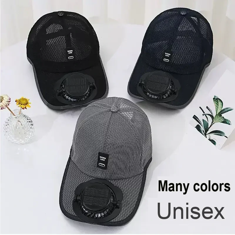 Three mesh caps in black, navy, and dark gray with brim-mounted fan units.