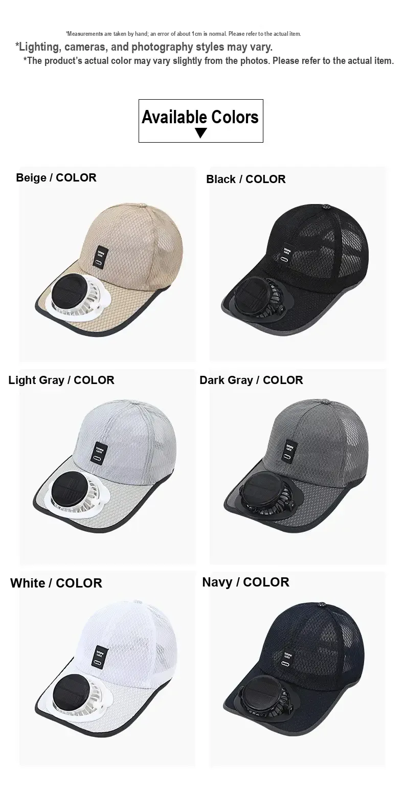 Beige, black, light gray, and dark gray fan caps shown as color options.