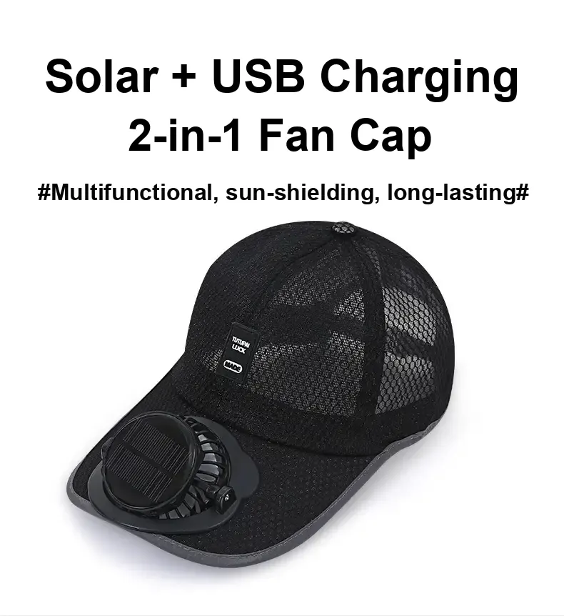 Black mesh cap with solar fan on the brim and Chinese feature text.