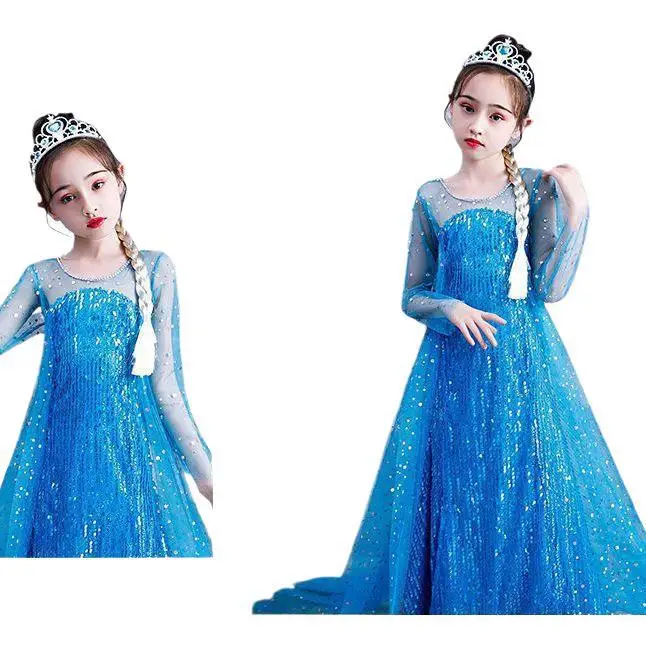 Frozen children's princess dress, Elsa Queen dress for girls, spring/summer Elsa gown with a train