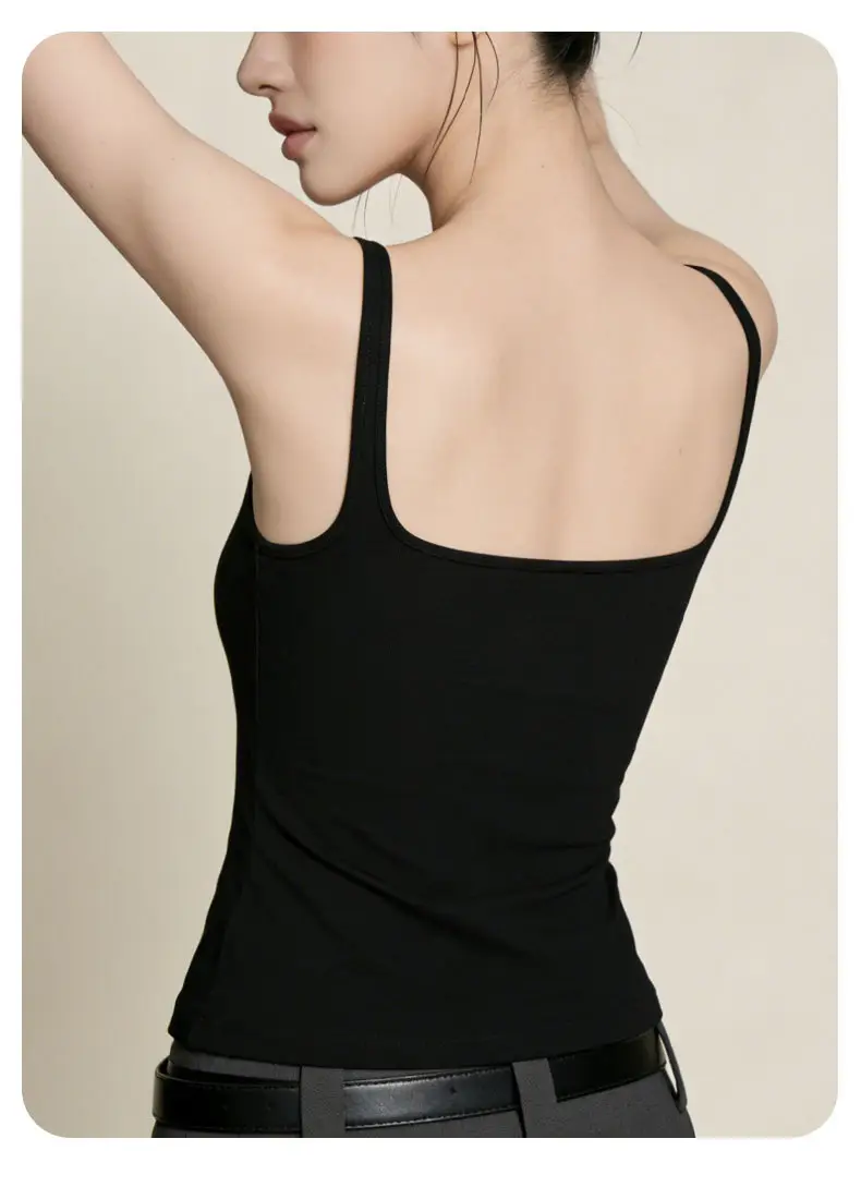 Sleeveless Camisole with Chest Pads, Thin Straps, Beautiful Back Design, Ribbed, Slimming, Open Back, Suitable for Outerwear — feature 26