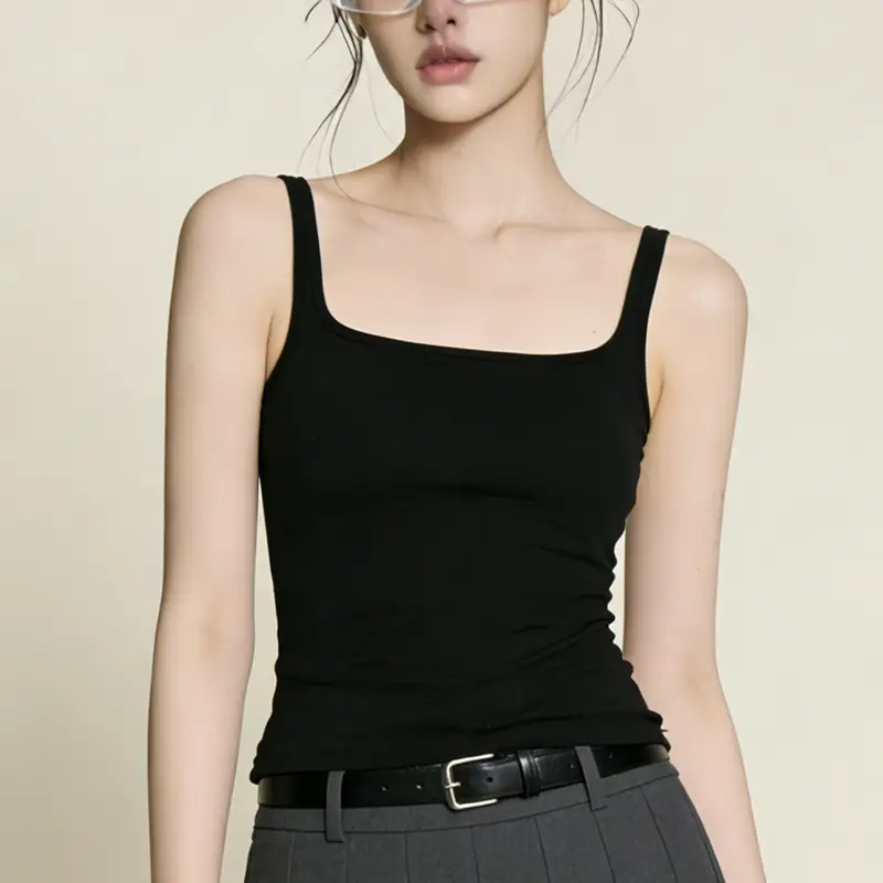 Sleeveless Camisole with Chest Pads, Thin Straps, Beautiful Back Design, Ribbed, Slimming, Open Back, Suitable for Outerwear