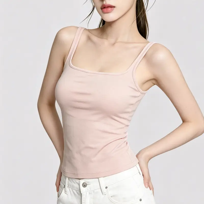 Sleeveless Camisole with Chest Pads, Thin Straps, Beautiful Back Design, Ribbed, Slimming, Open Back, Suitable for Outerwear