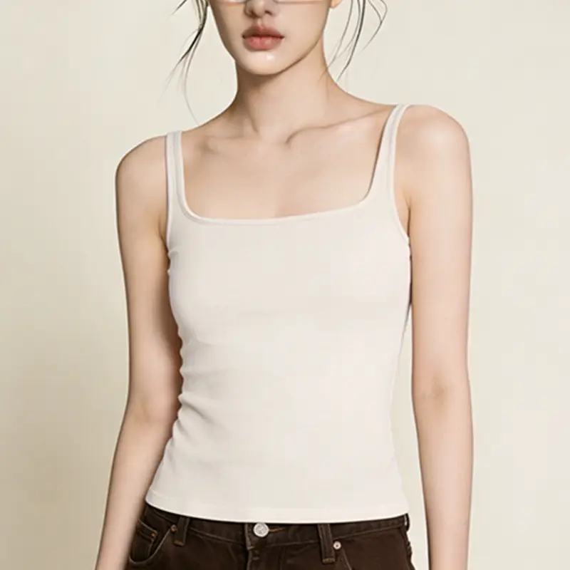 Sleeveless Camisole with Chest Pads, Thin Straps, Beautiful Back Design, Ribbed, Slimming, Open Back, Suitable for Outerwear