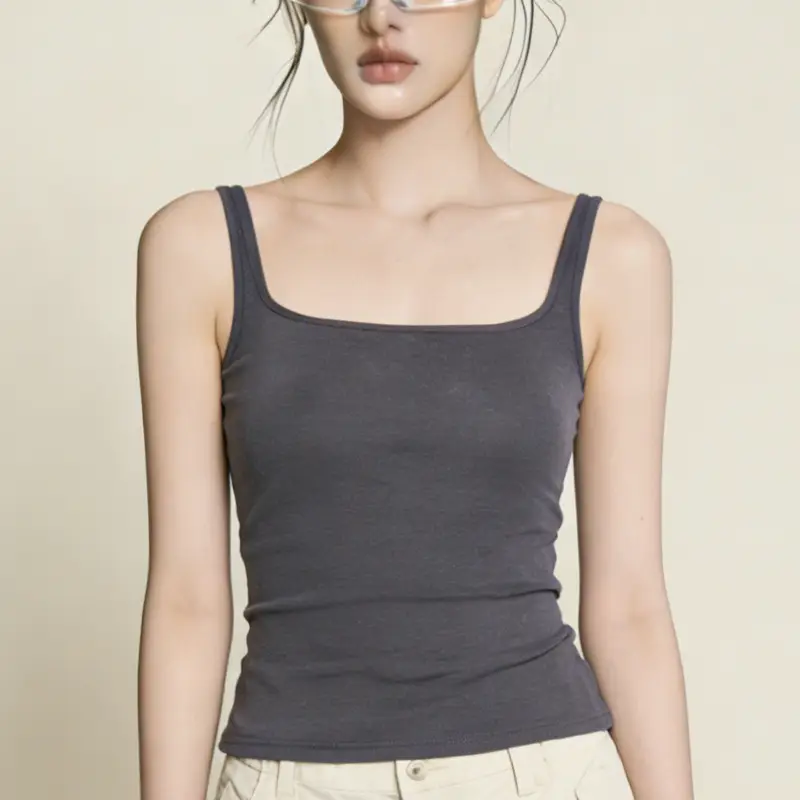 Sleeveless Camisole with Chest Pads, Thin Straps, Beautiful Back Design, Ribbed, Slimming, Open Back, Suitable for Outerwear