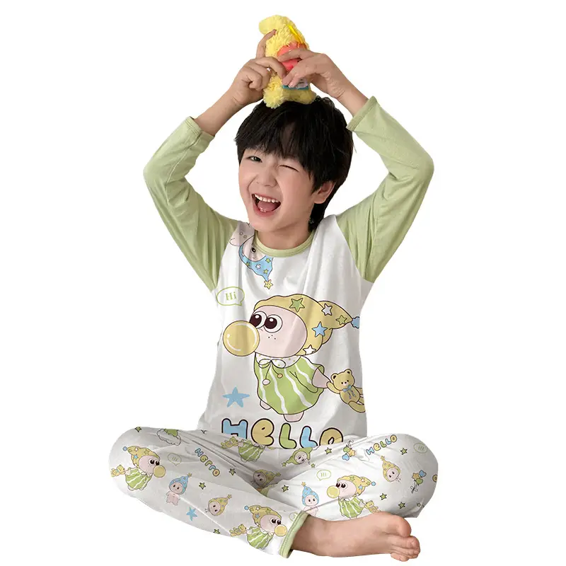 Bamboo Fiber Children's Pajamas for Boys and Girls, Long-Sleeved Home Wear Set, Summer Thin Style, Class A, for Older Children, Air-Conditioned Clothing