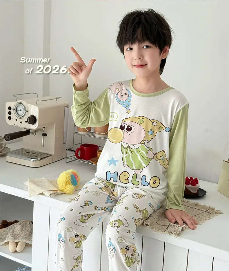 Bamboo Fiber Children's Pajamas for Boys and Girls, Long-Sleeved Home Wear Set, Summer Thin Style, Class A, for Older Children, Air-Conditioned Clothing — feature 25