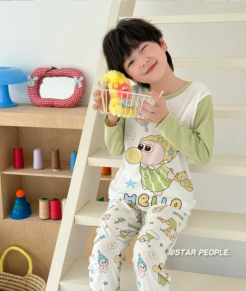 Bamboo Fiber Children's Pajamas for Boys and Girls, Long-Sleeved Home Wear Set, Summer Thin Style, Class A, for Older Children, Air-Conditioned Clothing — feature 26